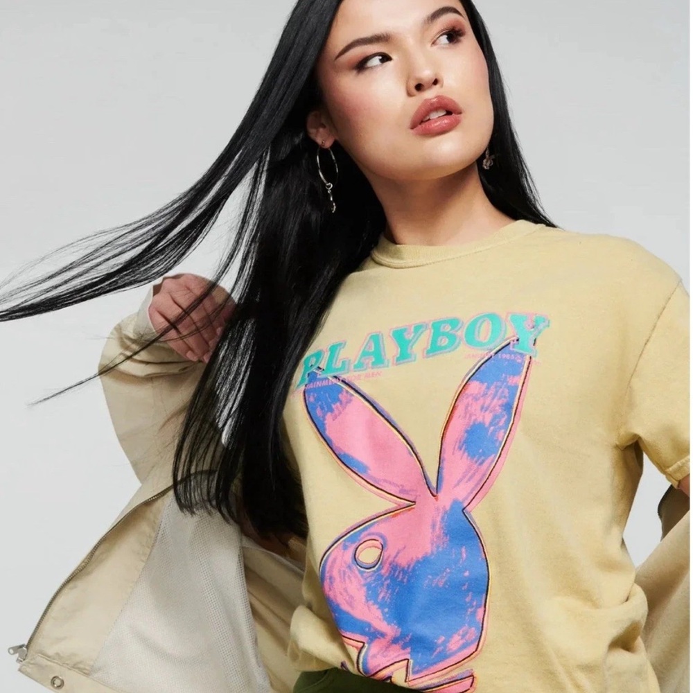 Playboy X Andy Warhol Tie-Dye Bunny Logo Beige Short Sleeve Tee Shirt Size M